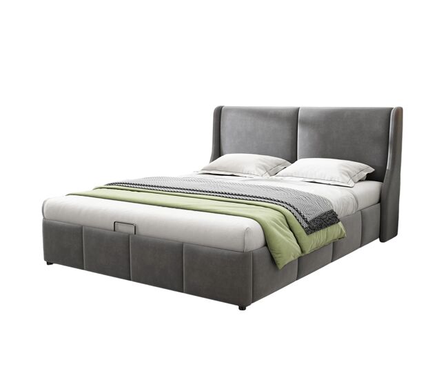 Cama doble con espacio de almacenamiento de 140 x 190 cm - 2 personas - tela de terciopelo - base de láminas - gris - estilo escandinavo