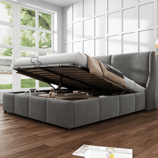 Cama com baú dupla 140x190 cm - 2 pessoas - veludo - estrado de ripas - cinza - estilo escandinavo Cama com baú dupla 140x190 cm - 2 pessoas - veludo - estrado de ripas - cinza - estilo escandinavo