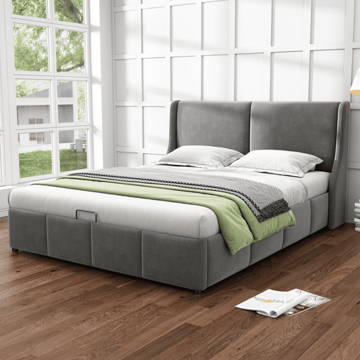 Cama com baú dupla 140x190 cm - 2 pessoas - veludo - estrado de ripas - cinza - estilo escandinavo Cama com baú dupla 140x190 cm - 2 pessoas - veludo - estrado de ripas - cinza - estilo escandinavo