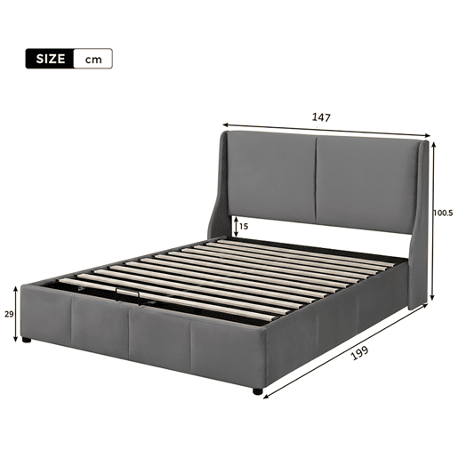 Cama com baú dupla 140x190 cm - 2 pessoas - veludo - estrado de ripas - cinza - estilo escandinavo Cama com baú dupla 140x190 cm - 2 pessoas - veludo - estrado de ripas - cinza - estilo escandinavo