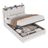 Cama 140x200 cm - LED - baú hidráulico - estrado de ripas - carregamento USB e Type-C - linho - bege