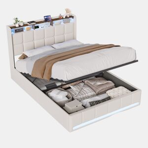 Cama 140x200 cm - LED - baú hidráulico - estrado de ripas - carregamento USB e Type-C - linho - bege