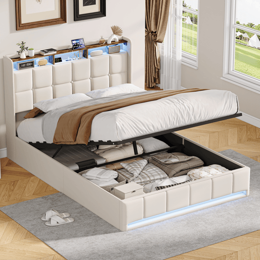 Cama 140x200 cm - LED - baú hidráulico - estrado de ripas - carregamento USB e Type-C - linho - bege Cama 140x200 cm - LED - baú hidráulico - estrado de ripas - carregamento USB e Type-C - linho - bege