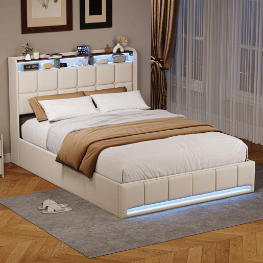 Cama 140x200 cm - LED - baú hidráulico - estrado de ripas - carregamento USB e Type-C - linho - bege Cama 140x200 cm - LED - baú hidráulico - estrado de ripas - carregamento USB e Type-C - linho - bege