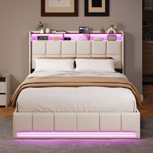 Cama 140x200 cm - LED - baú hidráulico - estrado de ripas - carregamento USB e Type-C - linho - bege Cama 140x200 cm - LED - baú hidráulico - estrado de ripas - carregamento USB e Type-C - linho - bege
