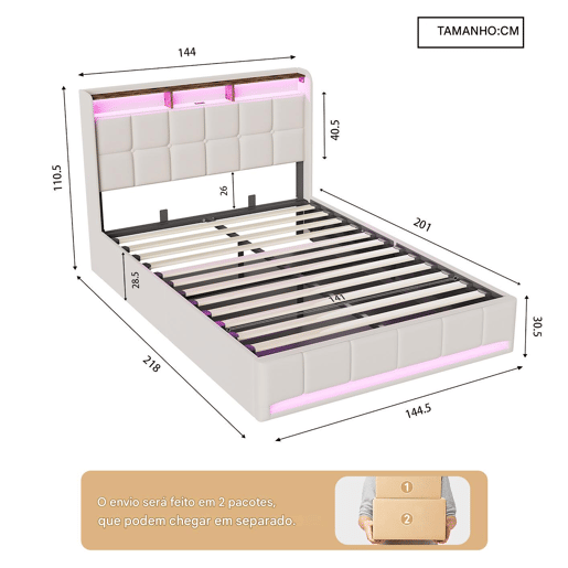 Cama 140x200 cm - LED - baú hidráulico - estrado de ripas - carregamento USB e Type-C - linho - bege Cama 140x200 cm - LED - baú hidráulico - estrado de ripas - carregamento USB e Type-C - linho - bege
