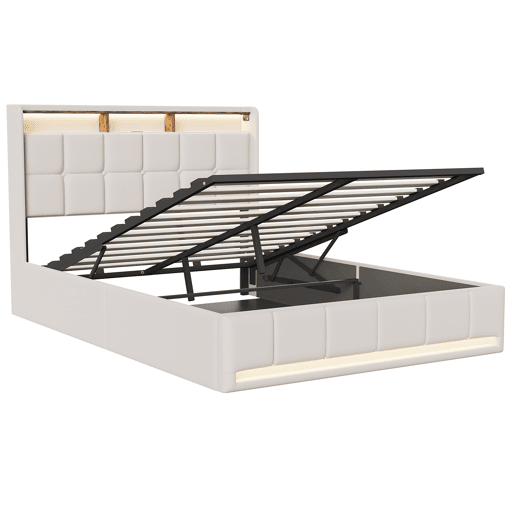 Cama 140x200 cm - LED - baú hidráulico - estrado de ripas - carregamento USB e Type-C - linho - bege Cama 140x200 cm - LED - baú hidráulico - estrado de ripas - carregamento USB e Type-C - linho - bege