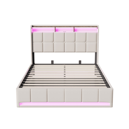 Cama 140x200 cm - LED - baú hidráulico - estrado de ripas - carregamento USB e Type-C - linho - bege Cama 140x200 cm - LED - baú hidráulico - estrado de ripas - carregamento USB e Type-C - linho - bege