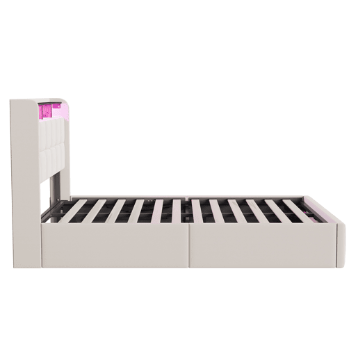 Cama 140x200 cm - LED - baú hidráulico - estrado de ripas - carregamento USB e Type-C - linho - bege Cama 140x200 cm - LED - baú hidráulico - estrado de ripas - carregamento USB e Type-C - linho - bege