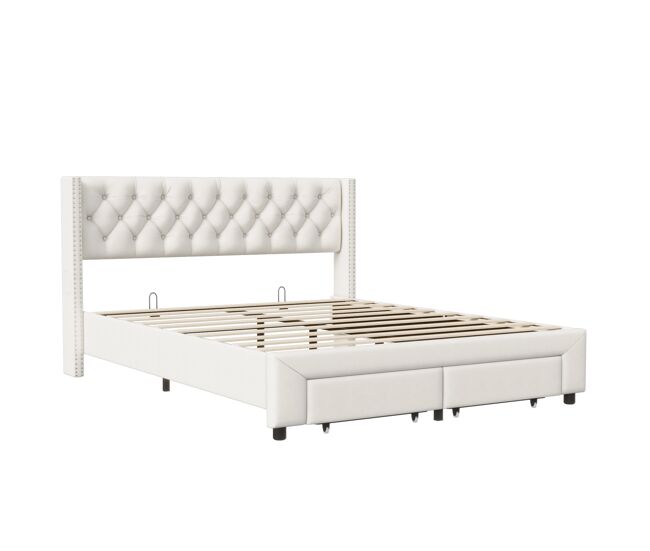 Cama doble de 140 x 190 cm, cama individual de 140 x 190 cm con 2 cajones, puerto USB y LED, cama tapizada, estructura de cama, terciopelo, beige.