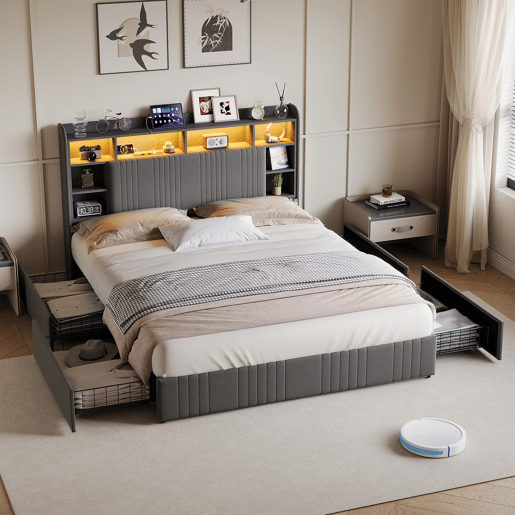 Cama 140x200 cm - 4 gavetas - carregamento USB e Type-C - LED - mesas de cabeceira com arrumação - divisórias abertas - estrado de ripas - cinza Cama 140x200 cm - 4 gavetas - carregamento USB e Type-C - LED - mesas de cabeceira com arrumação - divisórias abertas - estrado de ripas - cinza