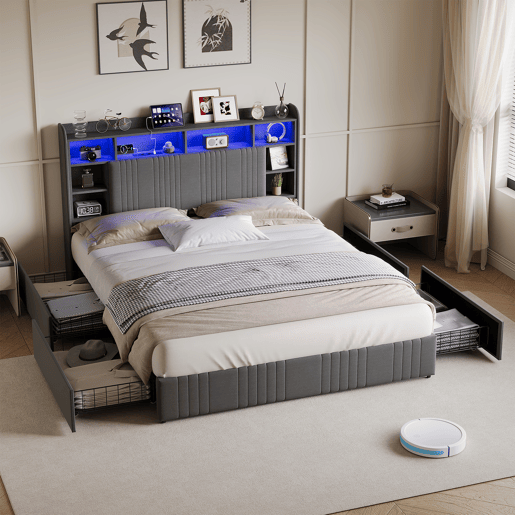 Cama 140x200 cm - 4 gavetas - carregamento USB e Type-C - LED - mesas de cabeceira com arrumação - divisórias abertas - estrado de ripas - cinza Cama 140x200 cm - 4 gavetas - carregamento USB e Type-C - LED - mesas de cabeceira com arrumação - divisórias abertas - estrado de ripas - cinza