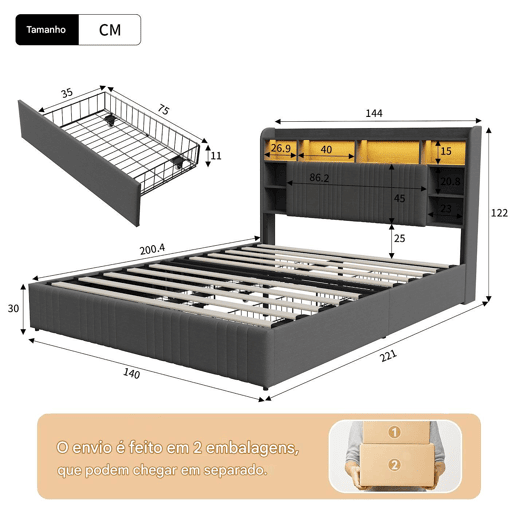 Cama 140x200 cm - 4 gavetas - carregamento USB e Type-C - LED - mesas de cabeceira com arrumação - divisórias abertas - estrado de ripas - cinza Cama 140x200 cm - 4 gavetas - carregamento USB e Type-C - LED - mesas de cabeceira com arrumação - divisórias abertas - estrado de ripas - cinza