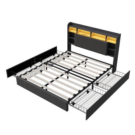 Cama 140x200 cm - 4 gavetas - carregamento USB e Type-C - LED - mesas de cabeceira com arrumação - divisórias abertas - estrado de ripas - cinza Cama 140x200 cm - 4 gavetas - carregamento USB e Type-C - LED - mesas de cabeceira com arrumação - divisórias abertas - estrado de ripas - cinza