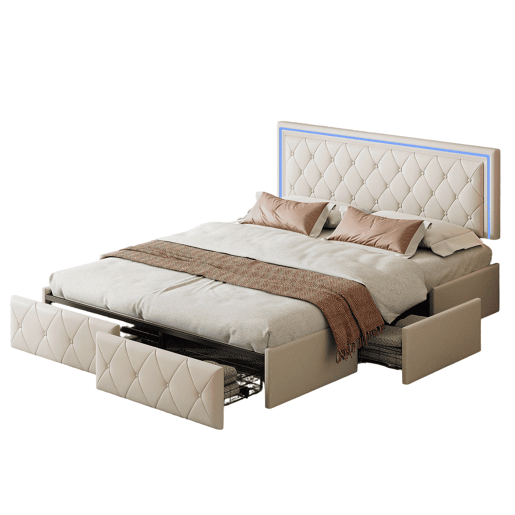 Cama de casal estofada de 160x200cm com 4 gavetas e iluminação LED. Cama de casal estofada de 160x200cm com 4 gavetas e iluminação LED.