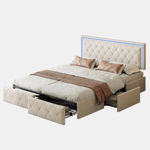 Cama de casal estofada de 160x200cm com 4 gavetas e iluminação LED.