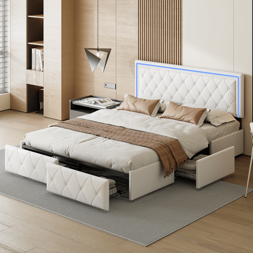 Cama de casal estofada de 160x200cm com 4 gavetas e iluminação LED. Cama de casal estofada de 160x200cm com 4 gavetas e iluminação LED.