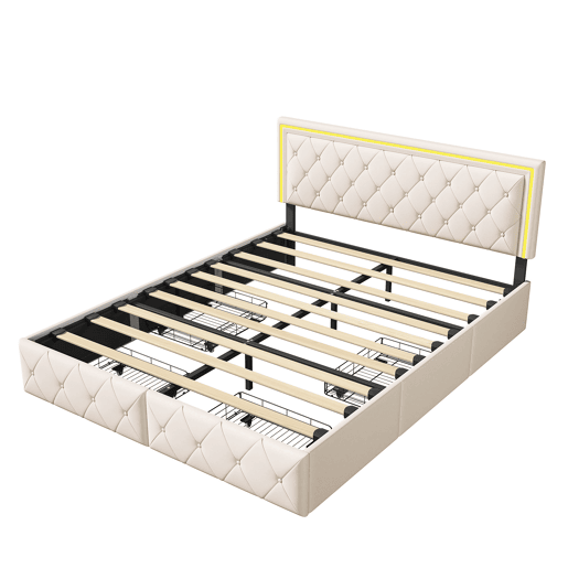 Cama de casal estofada de 160x200cm com 4 gavetas e iluminação LED. Cama de casal estofada de 160x200cm com 4 gavetas e iluminação LED.