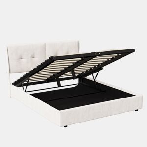 Cama com baú dupla 160x200 cm - LED integrado - cabeceira em veludo com bolsos laterais - bege