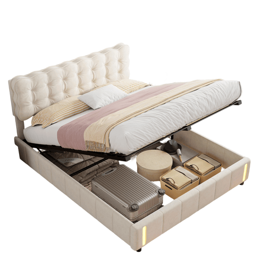 Cama com baú 140x190 cm - veludo bege - LED - arrumação - estrado de ripas