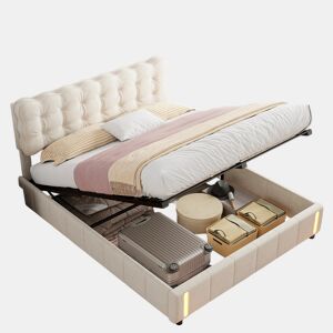 Cama com baú 140x190 cm - veludo bege - LED - arrumação - estrado de ripas