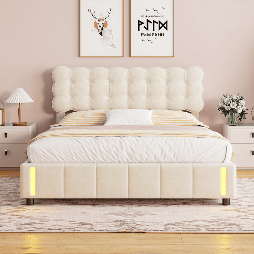 Cama com baú 140x190 cm - veludo bege - LED - arrumação - estrado de ripas
