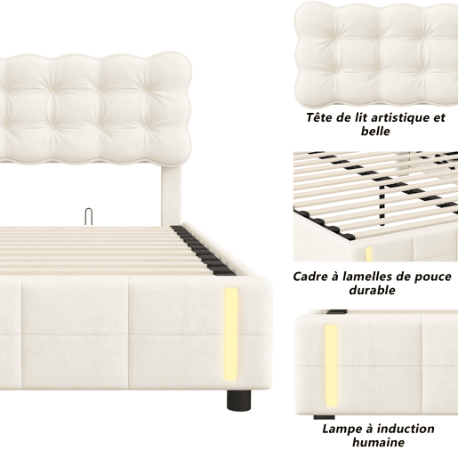 Cama com baú 140x190 cm - veludo bege - LED - arrumação - estrado de ripas