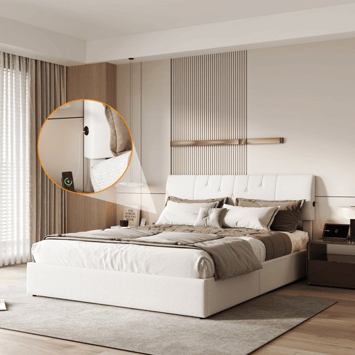 Cama baú elevável 140x200 cm - cabeceira ajustável - USB-CUSB - arrumação integrada - tecido teddy branco Cama baú elevável 140x200 cm - cabeceira ajustável - USB-CUSB - arrumação integrada - tecido teddy branco