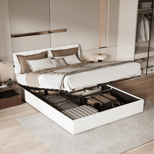 Cama baú elevável 140x200 cm - cabeceira ajustável - USB-CUSB - arrumação integrada - tecido teddy branco Cama baú elevável 140x200 cm - cabeceira ajustável - USB-CUSB - arrumação integrada - tecido teddy branco