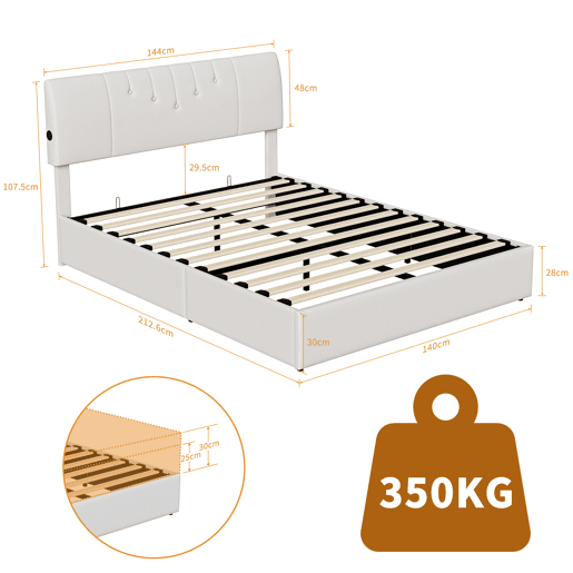 Cama baú elevável 140x200 cm - cabeceira ajustável - USB-CUSB - arrumação integrada - tecido teddy branco Cama baú elevável 140x200 cm - cabeceira ajustável - USB-CUSB - arrumação integrada - tecido teddy branco