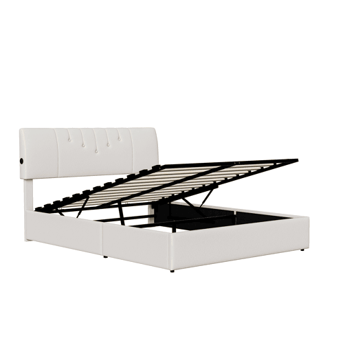 Cama baú elevável 140x200 cm - cabeceira ajustável - USB-CUSB - arrumação integrada - tecido teddy branco Cama baú elevável 140x200 cm - cabeceira ajustável - USB-CUSB - arrumação integrada - tecido teddy branco