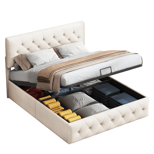 Cama com baú 160x200 cm - cabeceira - estrado de ripas - veludo bege