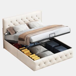 Cama com baú 160x200 cm - cabeceira - estrado de ripas - veludo bege
