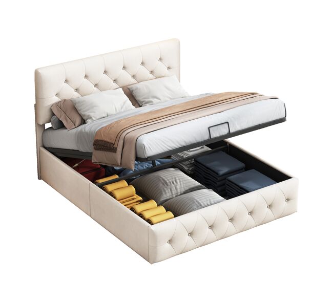 Cama con almacenamiento de 160x200 cm con cabecero y somier de láminas – terciopelo beige