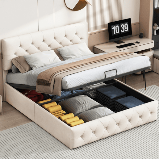 Cama com baú 160x200 cm - cabeceira - estrado de ripas - veludo bege