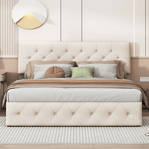 Cama com baú 160x200 cm - cabeceira - estrado de ripas - veludo bege