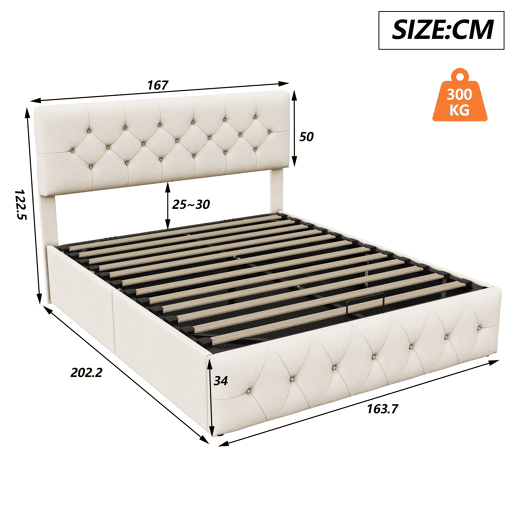 Cama com baú 160x200 cm - cabeceira - estrado de ripas - veludo bege