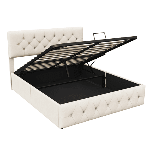 Cama com baú 160x200 cm - cabeceira - estrado de ripas - veludo bege