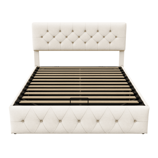Cama com baú 160x200 cm - cabeceira - estrado de ripas - veludo bege