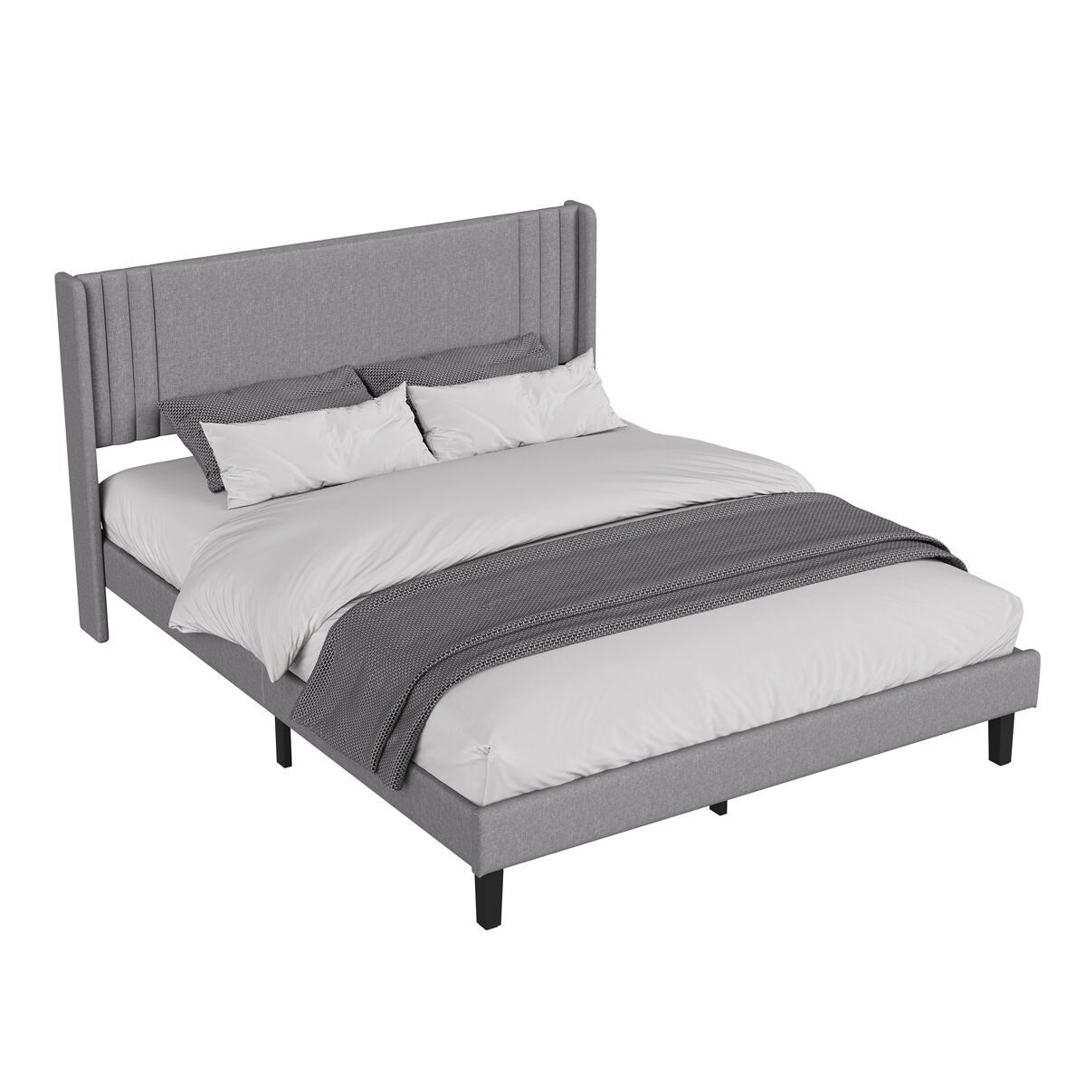 Cama de 140x200 cm, color gris lino - cabecero tapizado moderno - estructura de listones resistente - capacidad de peso de 363 kg - montaje rápido
