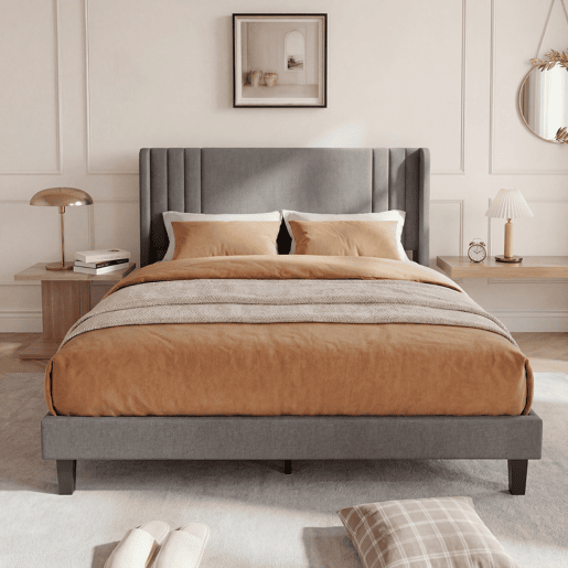 Cama 140x200 cm - linho cinza - cabeceira capitonê moderna - estrutura robusta de ripas - capacidade 800 lbs - montagem rápida Cama 140x200 cm - linho cinza - cabeceira capitonê moderna - estrutura robusta de ripas - capacidade 800 lbs - montagem rápida