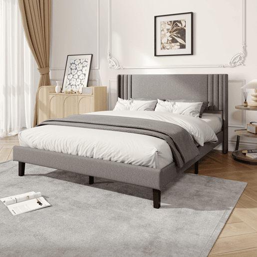 Cama 140x200 cm - linho cinza - cabeceira capitonê moderna - estrutura robusta de ripas - capacidade 800 lbs - montagem rápida Cama 140x200 cm - linho cinza - cabeceira capitonê moderna - estrutura robusta de ripas - capacidade 800 lbs - montagem rápida