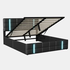 Cama de adulto de 140×200 cm com faixa de luz LED, caixa de arrumação para cama, encosto, interface USB*2, cama estofada, cama para adolescentes, PU preto