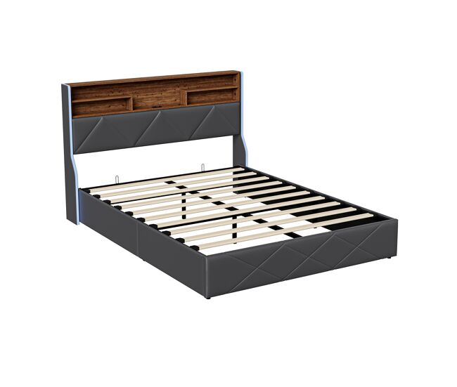 Cama: almacenamiento base y cabecero, LED RGB, puertos USB/Tipo-C 143x216