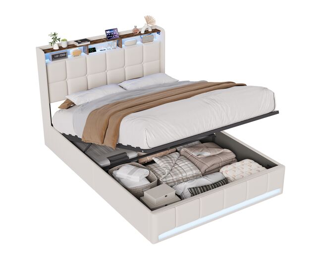 Cama de 140x190 cm - Iluminación LED - Compartimento de almacenamiento hidráulico - Base de láminas - Carga USB y Tipo-C - Tejido de lino - Beige