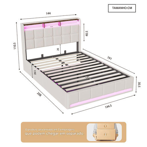 Cama 140x190 cm - LED - baú hidráulico - estrado de ripas - carregamento USB e Type-C - linho - bege Cama 140x190 cm - LED - baú hidráulico - estrado de ripas - carregamento USB e Type-C - linho - bege