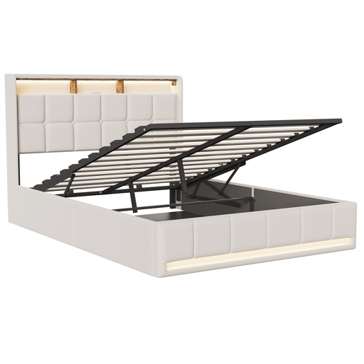 Cama 140x190 cm - LED - baú hidráulico - estrado de ripas - carregamento USB e Type-C - linho - bege Cama 140x190 cm - LED - baú hidráulico - estrado de ripas - carregamento USB e Type-C - linho - bege