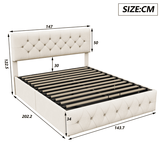 Cama com baú 140x200 cm - cabeceira - capitonê - estrado de ripas - bege