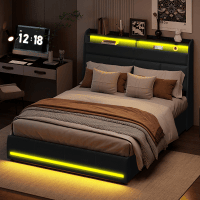 Cama 160x200 cm, Cama estofada com luzes LED, Cama estofada com estrado de ripas e caixa de cama, Cama com função hidráulica cama de hóspedes, para adultos, PU, u200Bu200Bu200Bu200BPreto