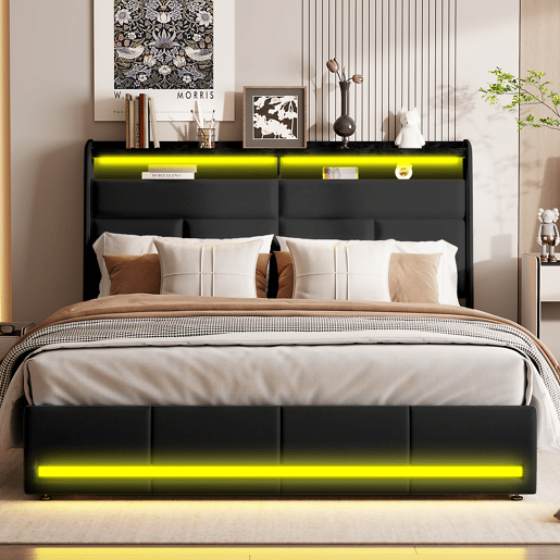 Cama 160x200 cm, Cama estofada com luzes LED, Cama estofada com estrado de ripas e caixa de cama, Cama com função hidráulica cama de hóspedes, para adultos, PU, u200Bu200Bu200Bu200BPreto